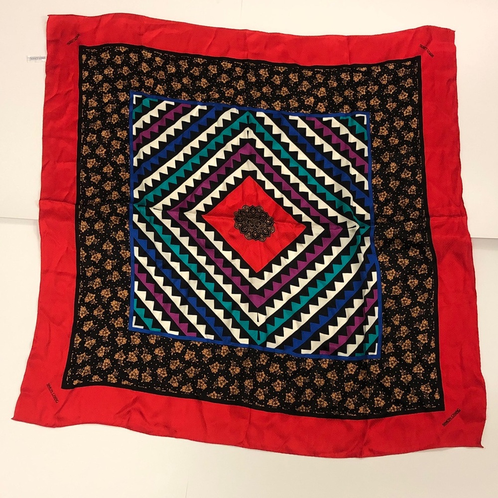 Simon Chang Scarf 🧣 100% Silk Red Multi Geometric Square Approx 34x34 Inches